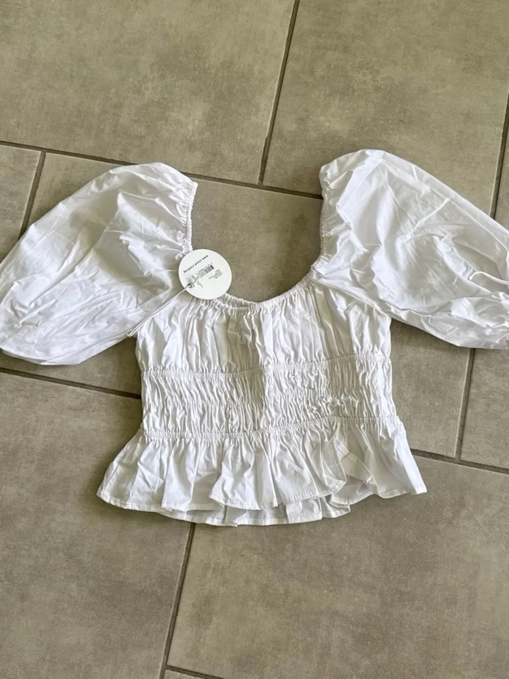 STAUD White Smocked Peplum Puff-Sleeve Top